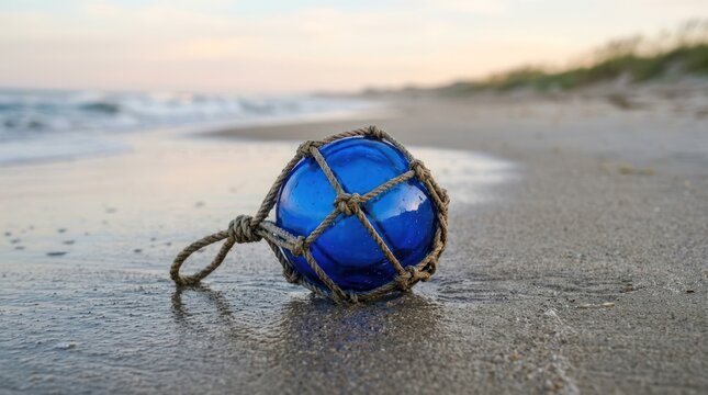 Blue glass ball on sandy beach, coastal scene.