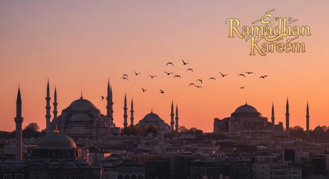 Ramadan Kareem sunset over historic city skyline with mosques and flying birds.