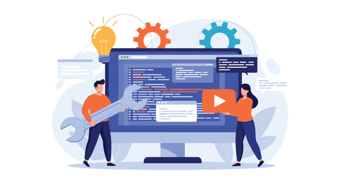 Technical team works together to fix and optimize software, represented by tools, gears, and code on a large computer monitor.