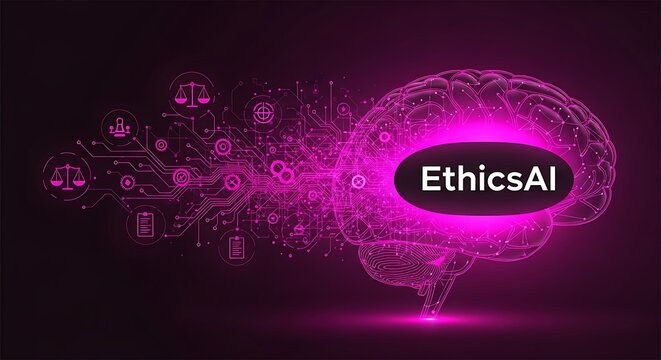 Digital ethics AI brain with circuit network glowing in futuristic neon purple lighting