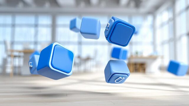 Abstract digital cubes with icons float in a modern office space symbolizing communication innovation and interconnectedness for business concepts and technology themes