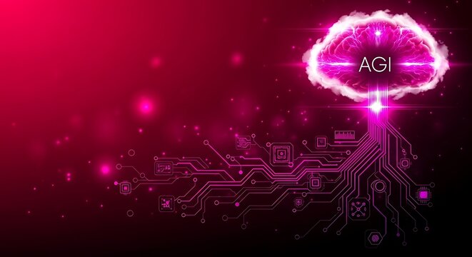 futuristic artificial general intelligence circuit with agi neon glow