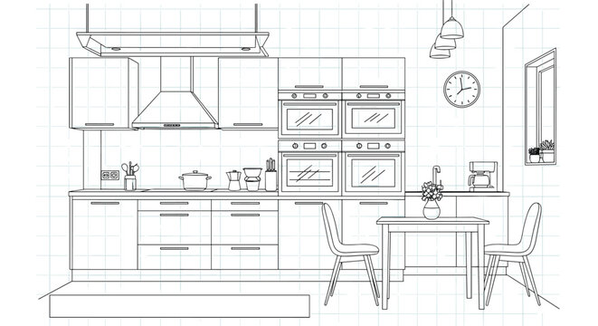 Minimalist black and white architectural line drawing shows a modern kitchen design with sleek cabinets and ovens.