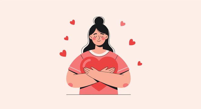 Young woman closes her eyes and hugs a large red heart symbol to represent self-love and emotional well-being today.