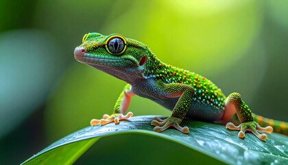 Fototapeta premium Vibrant Gold Dust Day Gecko basking on a lush green leaf.