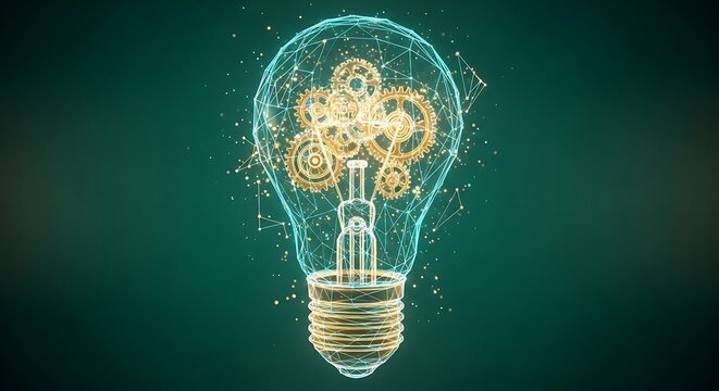 3D lightbulb with glowing brain-shaped gears symbolizing innovation and creative ideas
