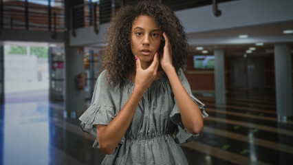 Fototapeta premium Teenage woman with curly hair touches her face with both hands in a large public building lobby; anxiety.