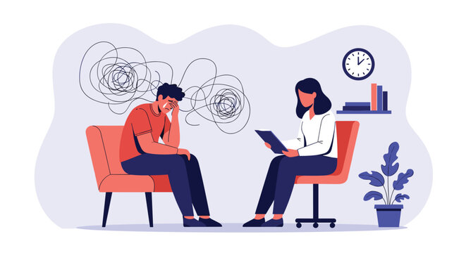 Professional psychotherapy session with a male patient crying and a female psychologist listening and taking notes.