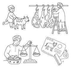 Obraz premium butcher preparing meat for distribution using scales and cutting on wooden board