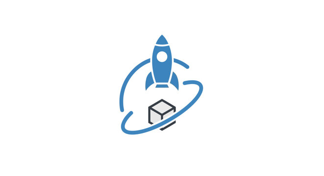 Blue Rocket Orbiting Wireframe Cube Icon for Tech Startup and Innovation on an Isolated White Background