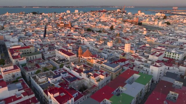 Cadiz old City, Historical Spanish Heritage at Holden Hour Aerial. Sunset view of Cadiz, Andalusia, Spain