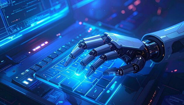 Robotic hand typing on glowing keyboard, futuristic interface, artificial intelligence concept, blue neon lighting, high-tech environment, digital automation scene