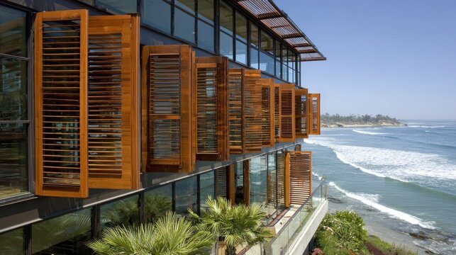 Modern coastal home with wooden shutters and ocean view architecture