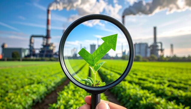 Magnifying glass focusing on green plant arrow symbol against industrial background, concept of sustainable growth, environmental transition, eco-friendly industry