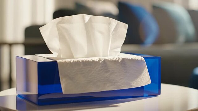 White tissues emerge from a modern blue acrylic box, placed on a bright table in a minimalist home setting, representing comfort, cleanliness, or personal care video.