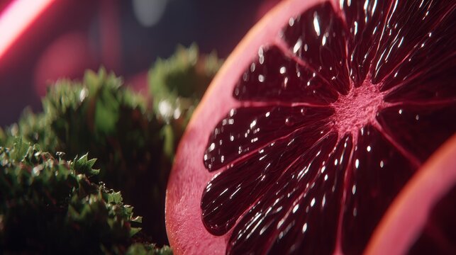 Close up of a blood orange slice with lush greenery and dark background