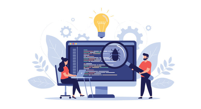 Professional software developers use a magnifying glass to find and fix bugs in programming code on a large computer monitor.
