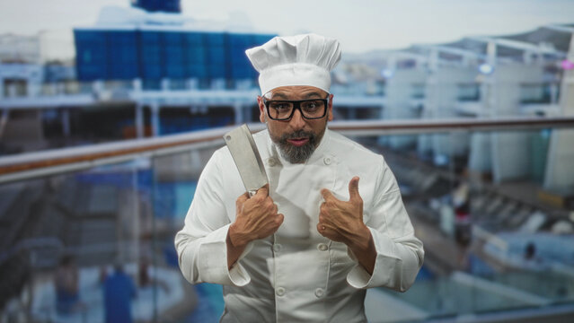 Man chef middle aged hispanic with grey beard and glasses holding cleaver and giving double thumbs up on cruise deck; pride celebration.