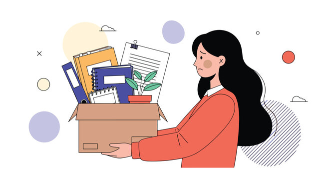 Sad young woman carries a cardboard box filled with her office belongings after losing her job and facing unemployment.