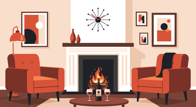 Cozy living room interior features a warm fireplace, two orange armchairs, a bottle of wine, and art on the walls.