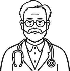 Obraz premium Hand Drawn Elderly Male Doctor Black and White Illustration in Minimal Line Art Style Design