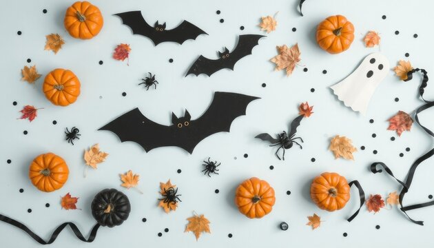 Spooky Halloween background with pumpkins, bats, and ghosts for festive decorations and seasonal invitations