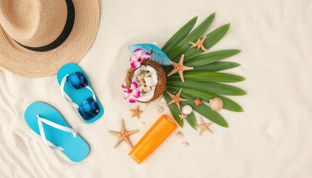 Tropical beach vacation essentials for leisure and relaxation, perfect for holiday promotions and summer event planning.