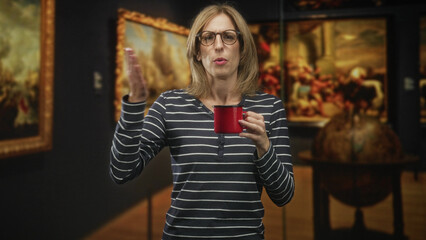 Obraz premium Woman holding red mug and touching chest while tasting coffee in museum, wearing glasses and striped shirt, surrounded by framed paintings and a globe; discomfort.