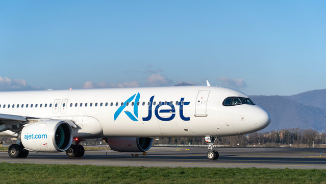 AJet Airbus A321 NEO is taxiing at BGY Bergamo Milano international airport. AJet is part of Turkish Airlines