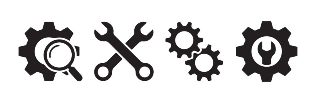 Set of repair and settings icons, including magnifying glass with gear, wrenches, and interconnected gears.