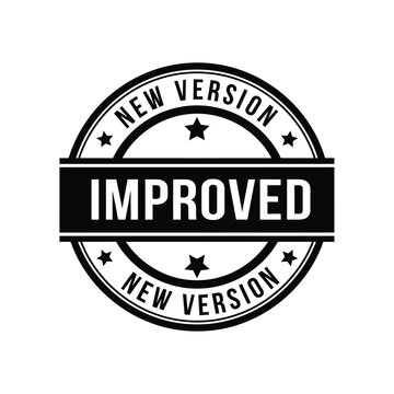 A circular black and white stamp declaring new version improved with star embellishments and a bold design high quality