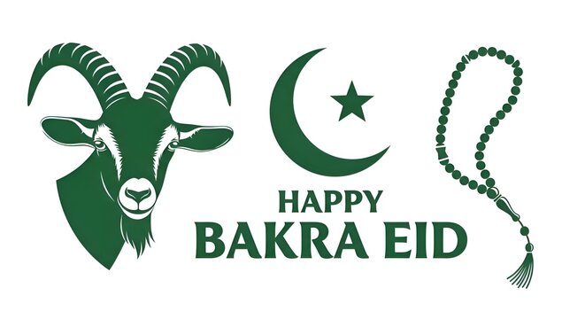 Happy bakra eid greeting with goat moon star and prayer beads flat design elements
