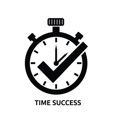 A simple black stopwatch icon with a checkmark overlaid representing timely completion and success high quality professional