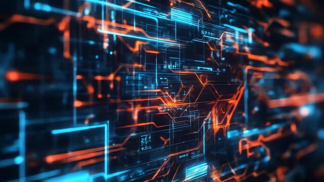 Abstract digital circuitry illuminated lines and data flow visualization