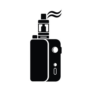 A minimalist black silhouette depicts a modern vaping device including a tank and battery with smoke rising