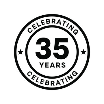 A circular black and white emblem proudly proclaims thirty five years of celebrating a significant milestone high quality professional detailed