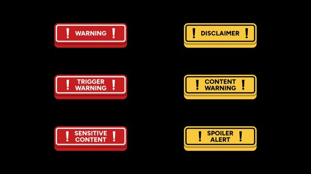 Warning, disclaimer, trigger warning, spoiler alert message box motion graphic on transparent background. Caution banner template animated with alpha channel. Content warning, sensitive content, sign.