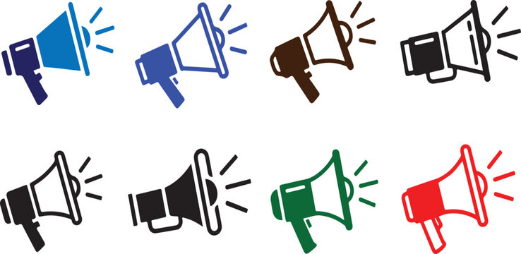 Communication amplification: A collection of various color megaphone icons, representing different channels for spreading messages and announcements.