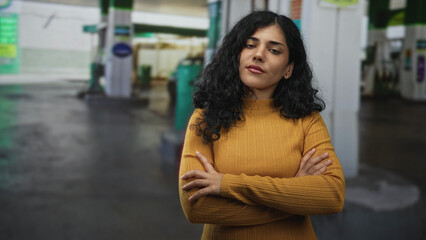 Woman with arms crossed and hands visible standing on street at a petrol station, glancing aside  contemplation. © Krakenimages.com