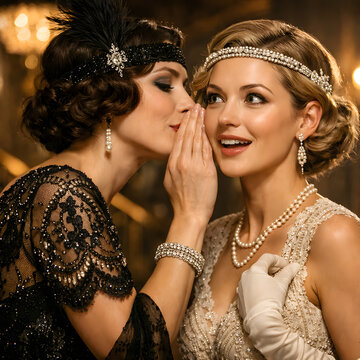 Sophisticated 1920s flapper women sharing a secret