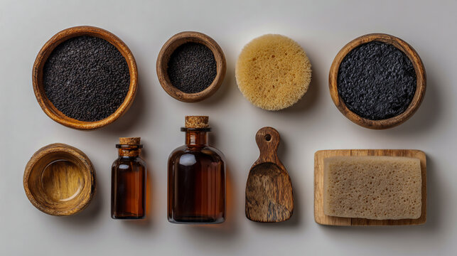 An aesthetic flat lay of natural ingredients for body care, including black cumin seeds in wooden bowls and glass bottles with a dark brown liquid inside, as well as round beige sponges .