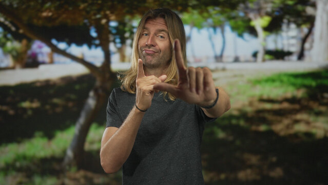 Blond man with long hair makes loser gesture with his right hand and points forefinger in green forest; mockery.