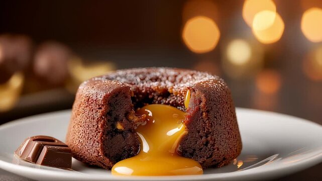 Chocolate lava cake with flowing caramel filling on plate in warm light creating rich dessert indulgence concept