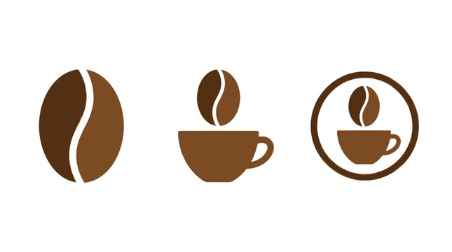 Coffee Icons: Bean, Cup, and Logo Concept on White Background