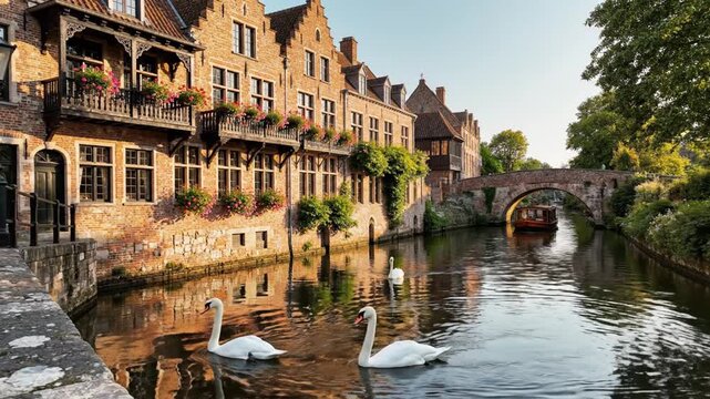Historic canal scene with swans and architecture in sunlight