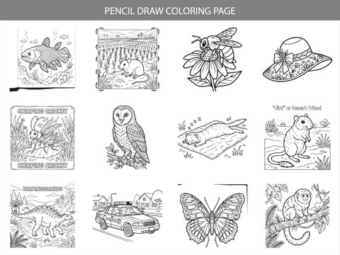 Pencil draw coloring page collection featuring twelve detailed animal illustrations including fish mouse bee hat and dinosaur