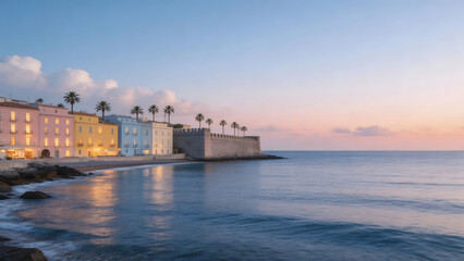 Fototapeta premium Colorful buildings by the sea at sunset