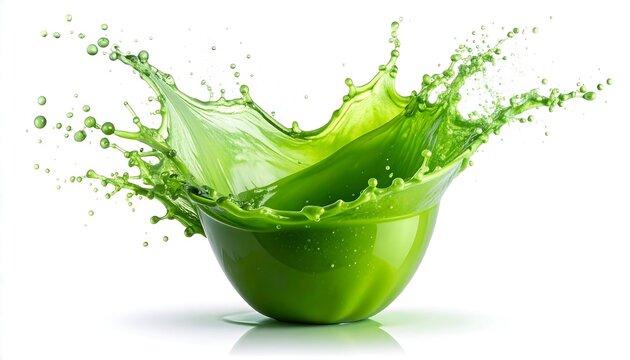 Bright green liquid erupts dynamically from a green bowl against a pure white background, creating a vibrant splash