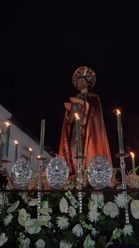 Holy Week in Popay&aacute;n, Colombia &ndash; &ldquo;Cargueros&rdquo; Carrying Traditional Religious Floats (Pasos) Through Historic Streets Surrounded by Tourists and Candle Bearers