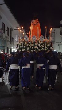 Holy Week in Popay&aacute;n, Colombia &ndash; &ldquo;Cargueros&rdquo; Carrying Traditional Religious Floats (Pasos) Through Historic Streets Surrounded by Tourists and Candle Bearers